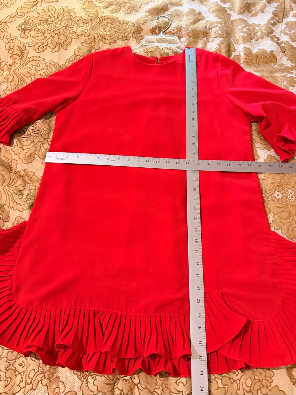 Red Ruffle Hem & 3/4 Length Sleeve Tunic / Shift Dress, Elegant Casual, Sz L - Picture 12 of 12